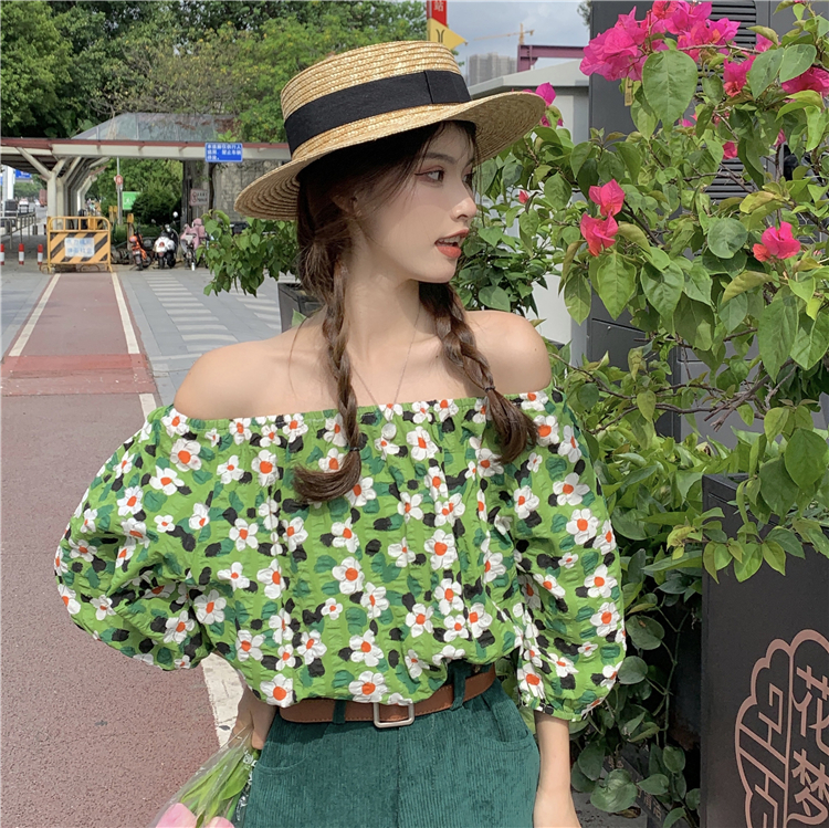 Buy Green flowers retro puff sleeve one-shoulder shirt short-sleeved t-shirt  strapless loose on ezbuy SG