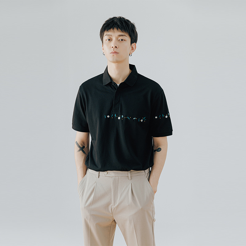 Buy Men's black Hong Kong style trend lapel shortsleeved polo shirt