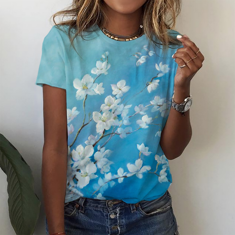 Buy Women's T Shirt Tee Pink Blue Purple Floral Print Short Sleeve